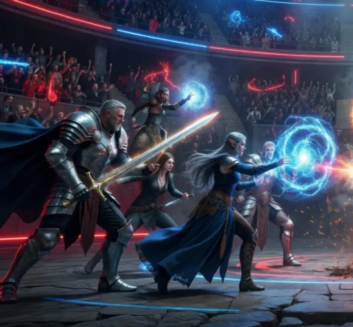 Legendary arena combat scene with fantasy heroes in a high-intensity team fight
