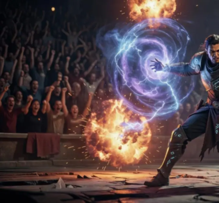 Intense fantasy combat scene where a single hero turns the tide in a competitive arena