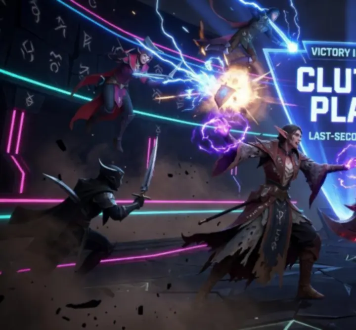 Intense fantasy combat scene with glowing magical attacks capturing a clutch turnaround moment.