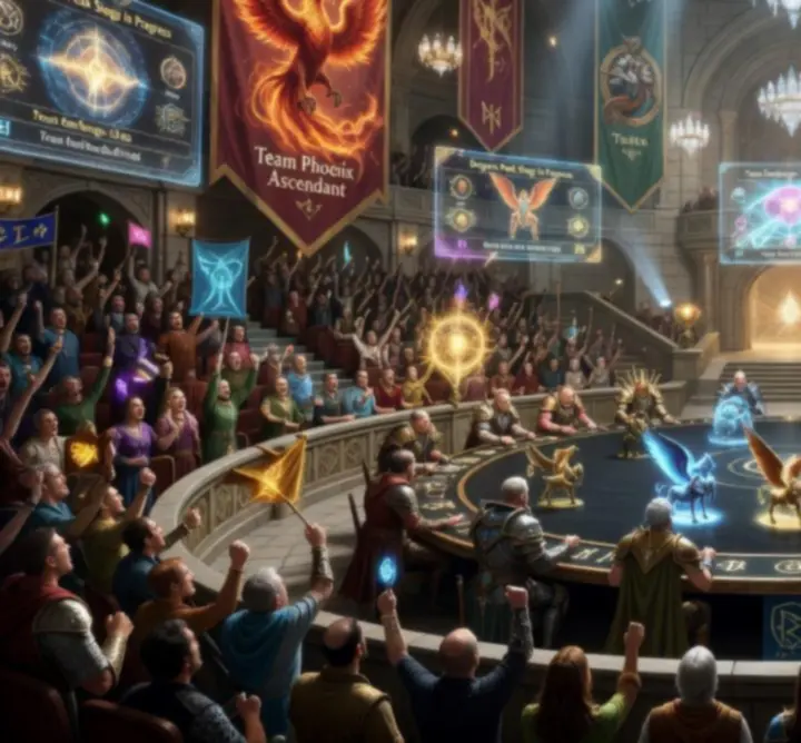 Esports arena with vibrant lights prepared for a fantasy strategy game tournament