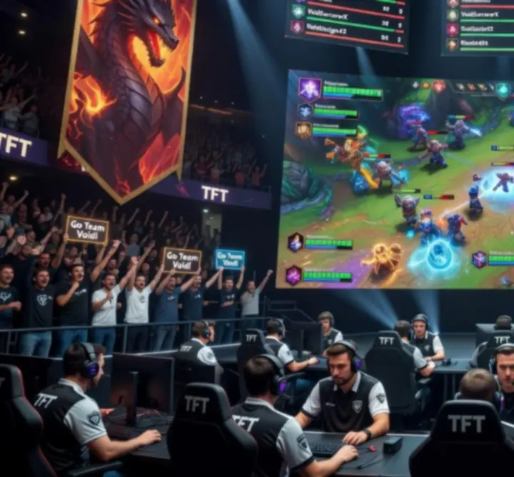 Esports arena with glowing screens and fantasy battle visuals during a Teamfight Tactics competition.