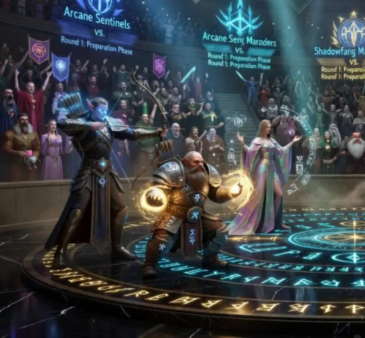 Fantasy arena battle scene from Clutch Pick with heroes clashing under magical lights