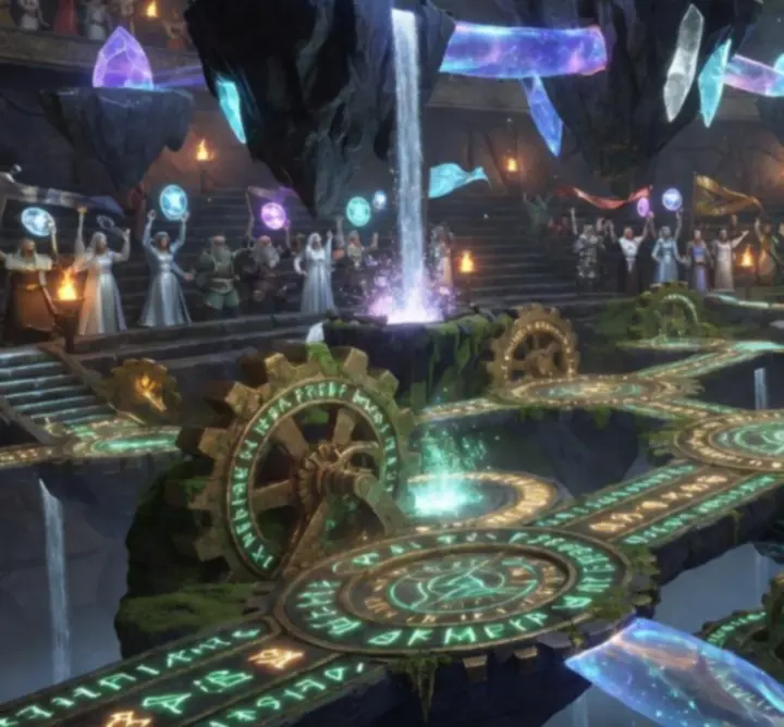 Fantasy magical arena with interactive environmental elements