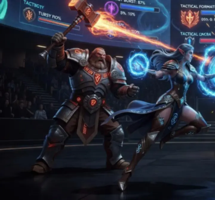 Fantasy heroes battling in an esports-style arena showcasing team synergy and counterplay