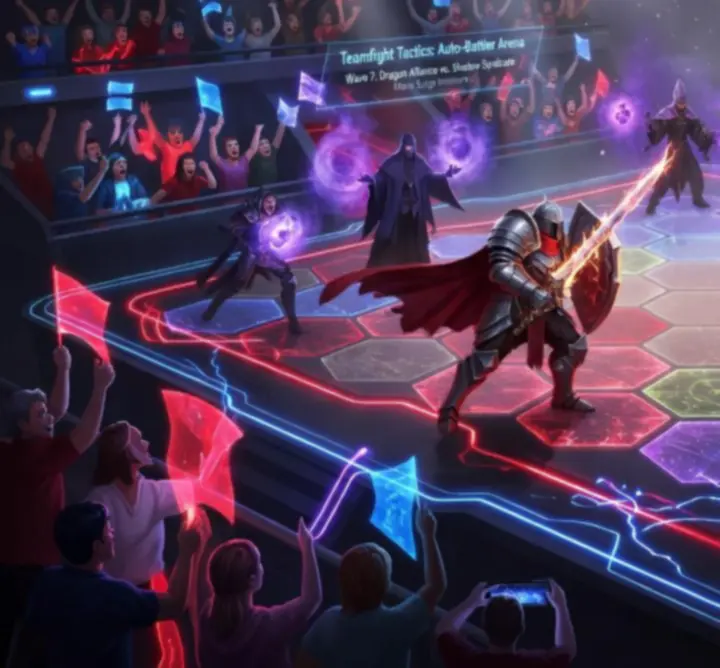 A glowing fantasy arena from Teamfight Tactics with tactical boards and champions ready for battle.
