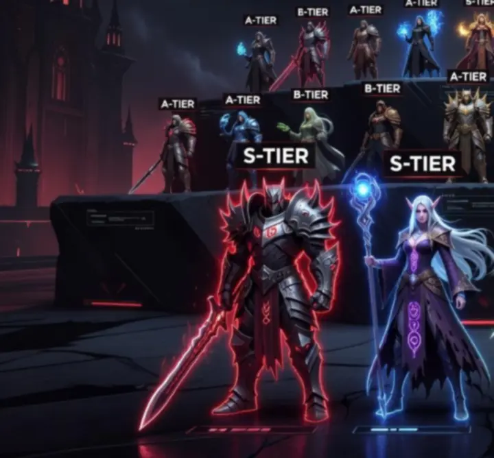 Fantasy hero portraits arranged in tier rows, glowing with red and blue neon accents.