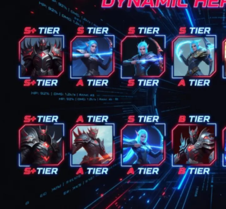 Esports-style hero tier list dashboard for Teamfight Tactics with ranked tiers from S to C