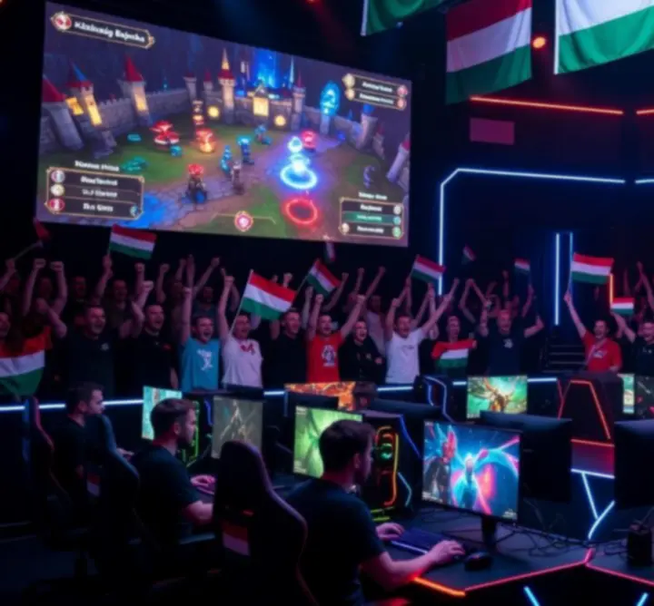Hungarian fantasy esports event with players and audience watching competitive gameplay