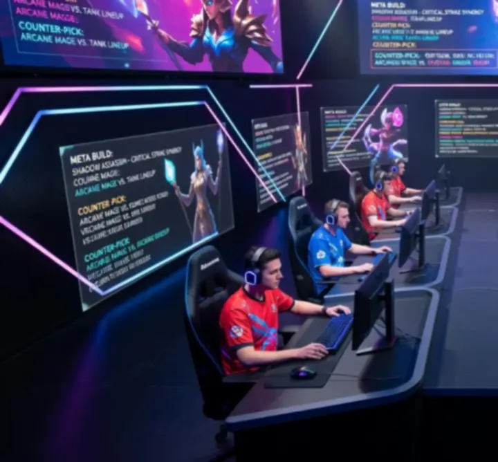 Esports-style tactical arena showing meta builds and team loadouts for a fantasy strategy game