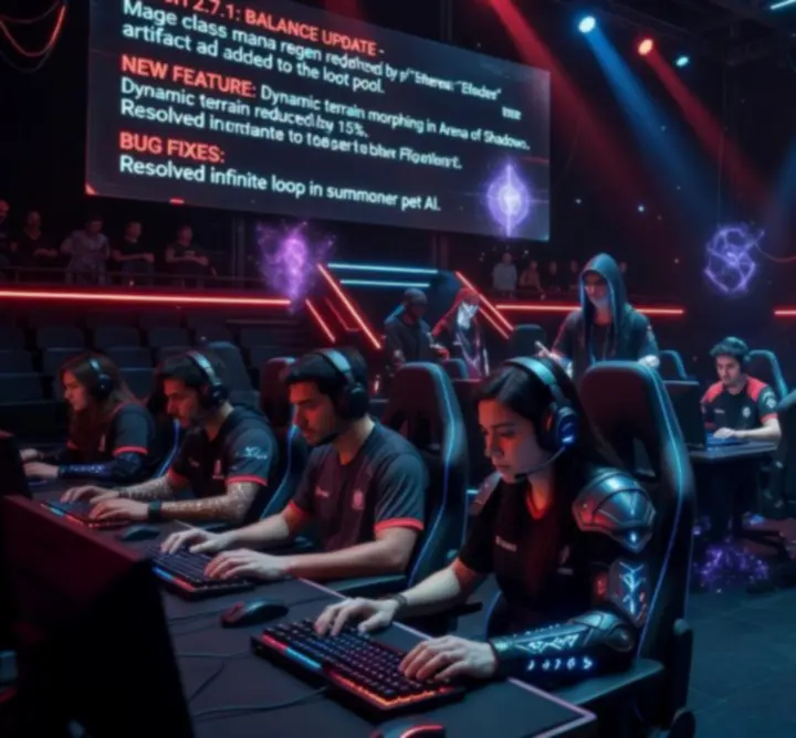 Esports-style fantasy arena with patch notes overlays and tactical UI elements.