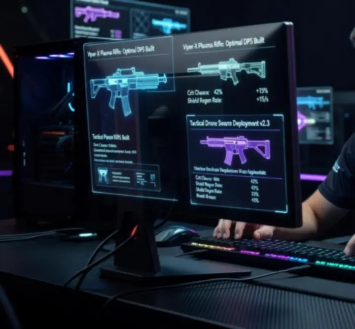 Professional gaming setup showing high-level build planning for a tactical RPG