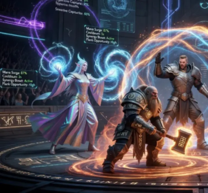 Fantasy team of heroes combining abilities in an esports arena